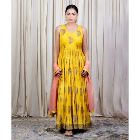 Yellow Gathered Anarkali Set with Hand Embroidery